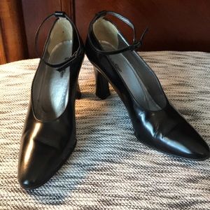 Calvin Klein black leather ankle strap pumps